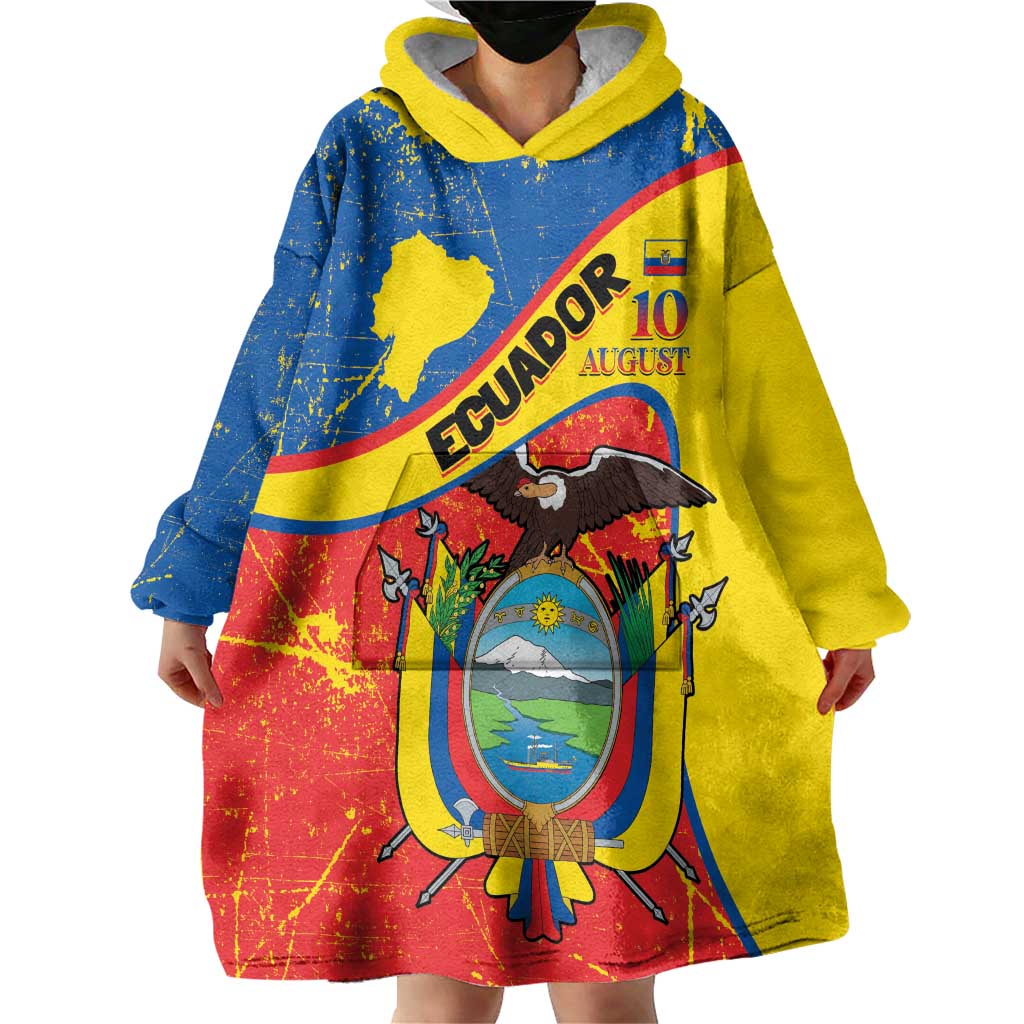 Personalized Ecuador Independence Day Wearable Blanket Hoodie Coat Of Arms Grunge Style - Wonder Print Shop
