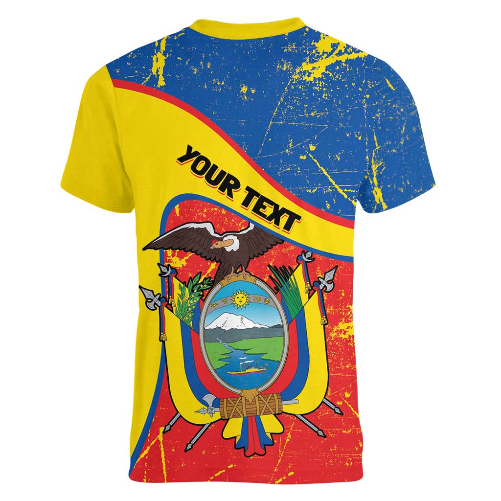 Personalized Ecuador Independence Day Women V-Neck T-Shirt Coat Of Arms Grunge Style - Wonder Print Shop