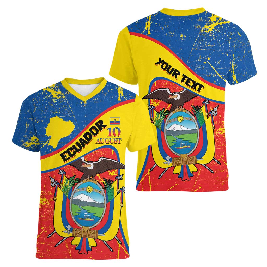Personalized Ecuador Independence Day Women V-Neck T-Shirt Coat Of Arms Grunge Style - Wonder Print Shop