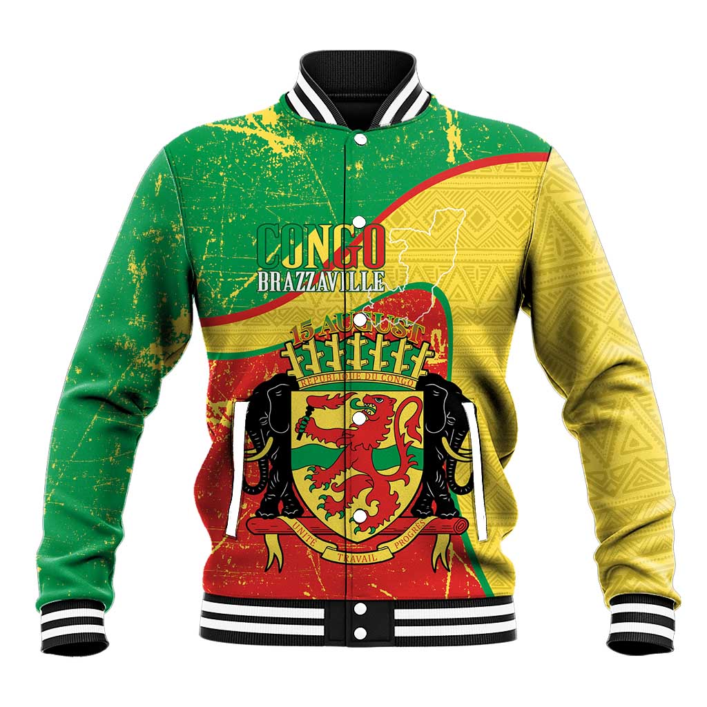 Personalized Congo-Brazzaville Independence Day Baseball Jacket Coat Of Arms Grunge Style - Wonder Print Shop