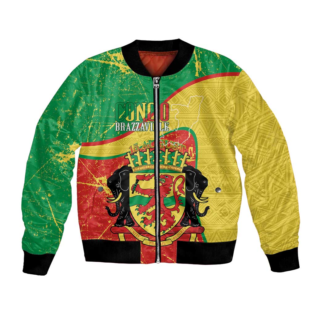 Personalized Congo-Brazzaville Independence Day Bomber Jacket Coat Of Arms Grunge Style - Wonder Print Shop