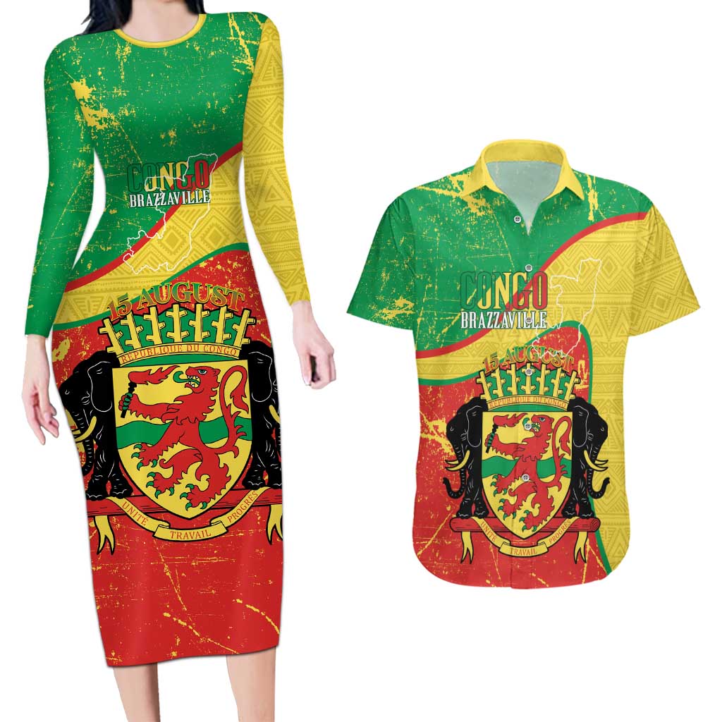 Personalized Congo-Brazzaville Independence Day Couples Matching Long Sleeve Bodycon Dress and Hawaiian Shirt Coat Of Arms Grunge Style - Wonder Print Shop