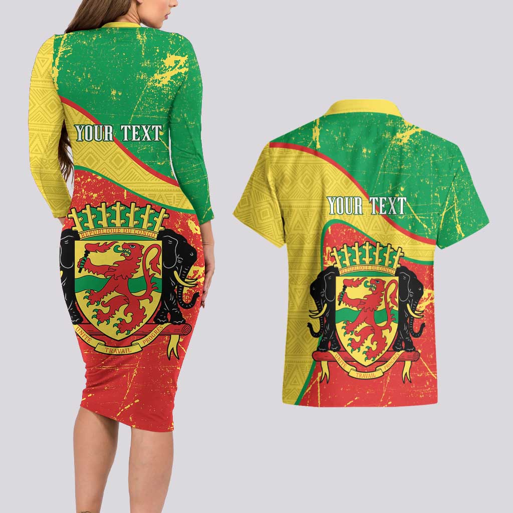 Personalized Congo-Brazzaville Independence Day Couples Matching Long Sleeve Bodycon Dress and Hawaiian Shirt Coat Of Arms Grunge Style - Wonder Print Shop