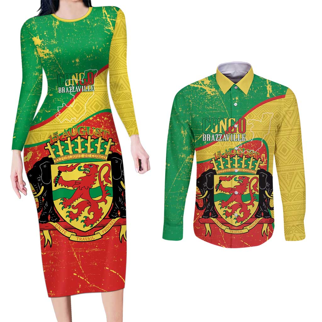 Personalized Congo-Brazzaville Independence Day Couples Matching Long Sleeve Bodycon Dress and Long Sleeve Button Shirt Coat Of Arms Grunge Style - Wonder Print Shop