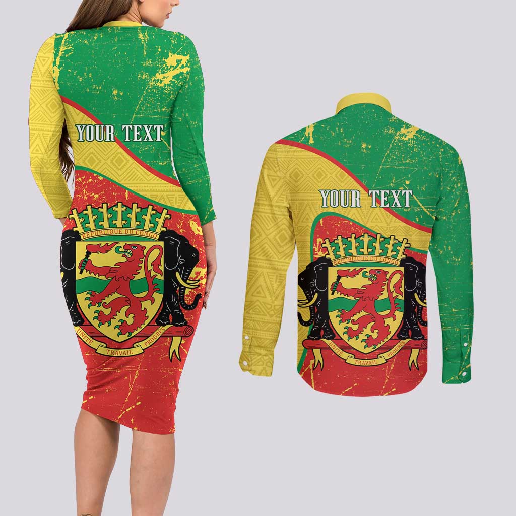 Personalized Congo-Brazzaville Independence Day Couples Matching Long Sleeve Bodycon Dress and Long Sleeve Button Shirt Coat Of Arms Grunge Style - Wonder Print Shop