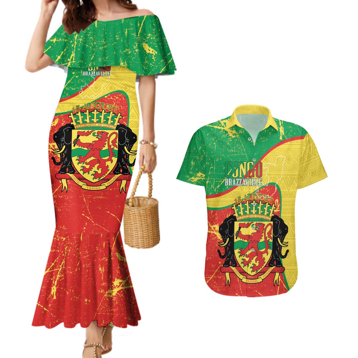 Personalized Congo-Brazzaville Independence Day Couples Matching Mermaid Dress and Hawaiian Shirt Coat Of Arms Grunge Style - Wonder Print Shop