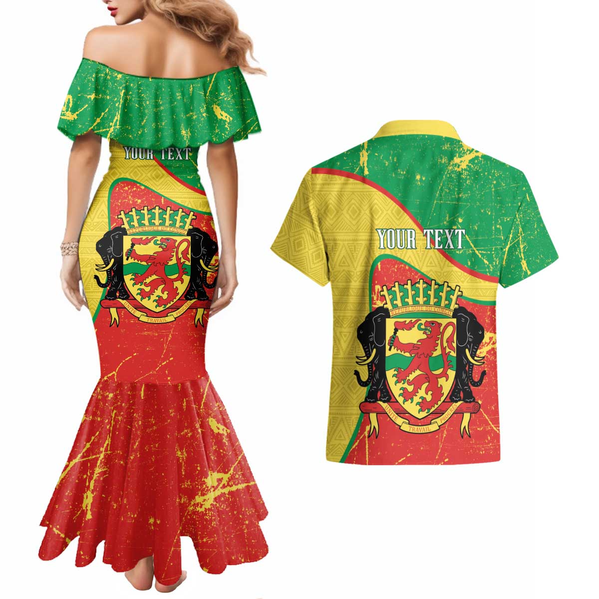 Personalized Congo-Brazzaville Independence Day Couples Matching Mermaid Dress and Hawaiian Shirt Coat Of Arms Grunge Style - Wonder Print Shop