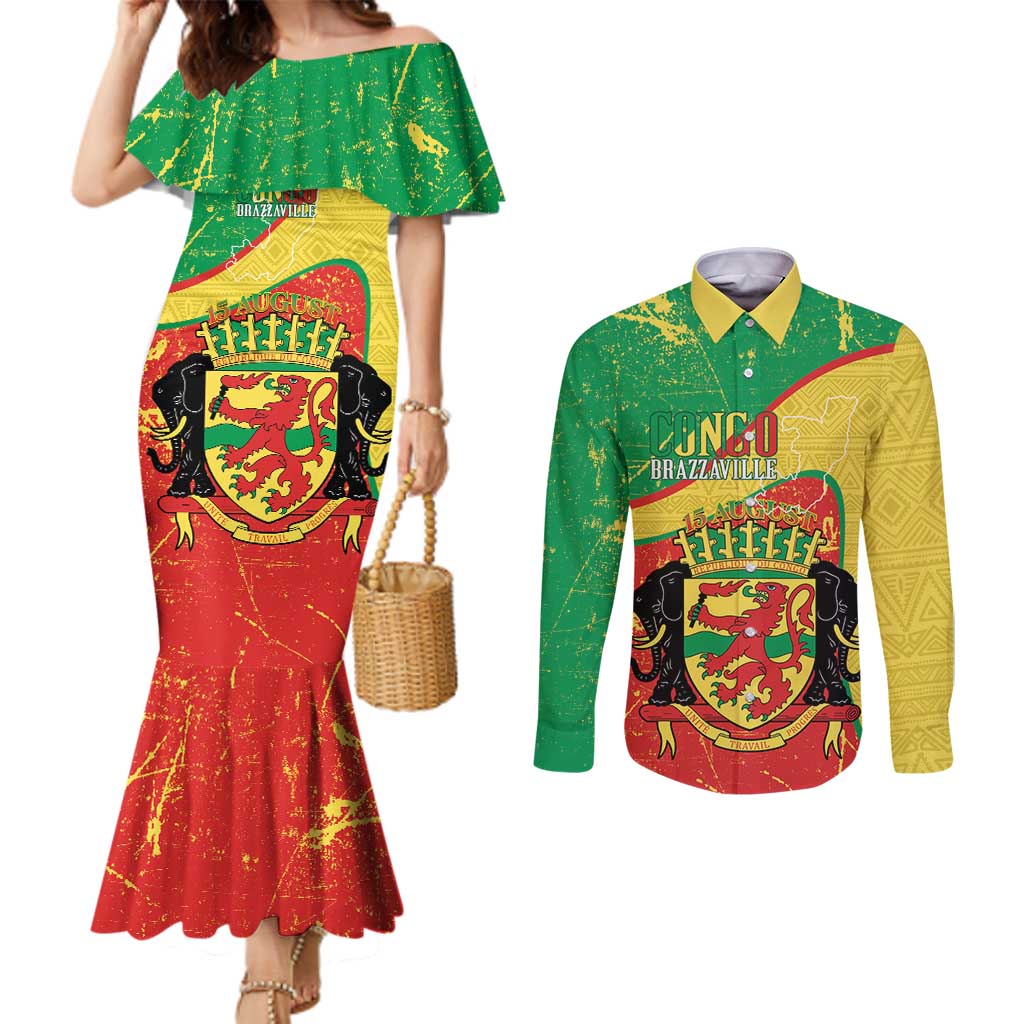 Personalized Congo-Brazzaville Independence Day Couples Matching Mermaid Dress and Long Sleeve Button Shirt Coat Of Arms Grunge Style - Wonder Print Shop