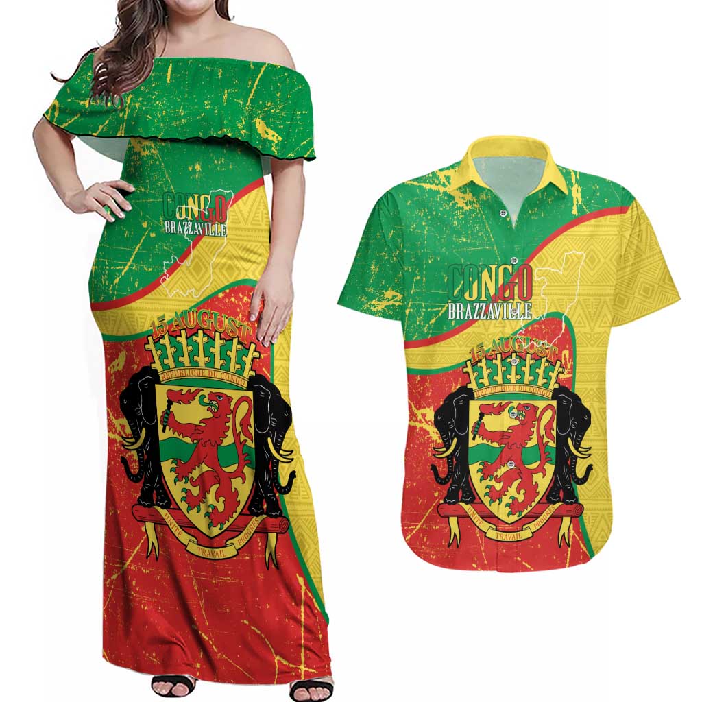 Personalized Congo-Brazzaville Independence Day Couples Matching Off Shoulder Maxi Dress and Hawaiian Shirt Coat Of Arms Grunge Style - Wonder Print Shop