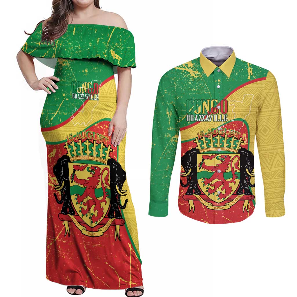Personalized Congo-Brazzaville Independence Day Couples Matching Off Shoulder Maxi Dress and Long Sleeve Button Shirt Coat Of Arms Grunge Style - Wonder Print Shop