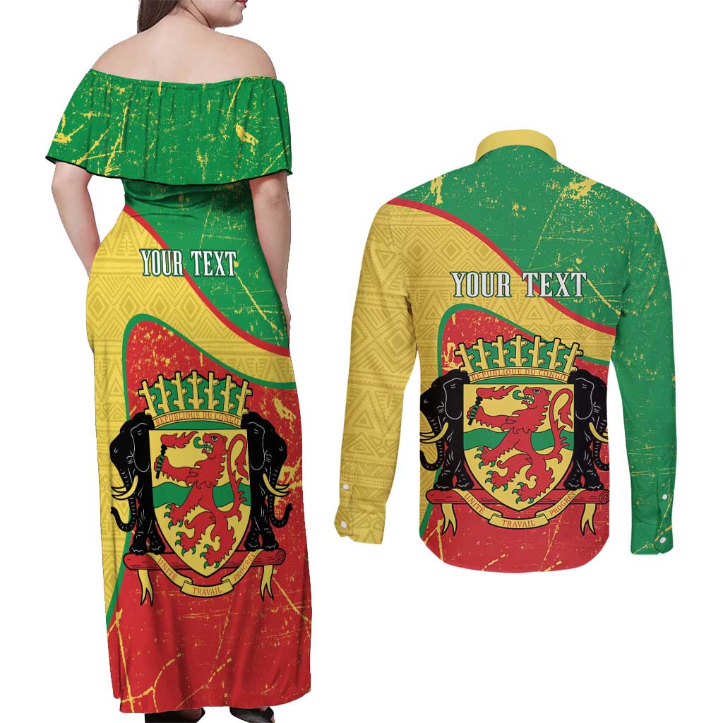 Personalized Congo-Brazzaville Independence Day Couples Matching Off Shoulder Maxi Dress and Long Sleeve Button Shirt Coat Of Arms Grunge Style - Wonder Print Shop