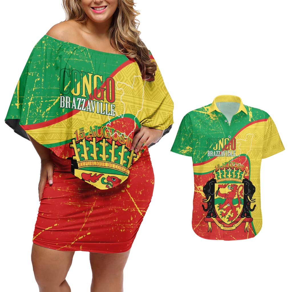 Personalized Congo-Brazzaville Independence Day Couples Matching Off Shoulder Short Dress and Hawaiian Shirt Coat Of Arms Grunge Style - Wonder Print Shop