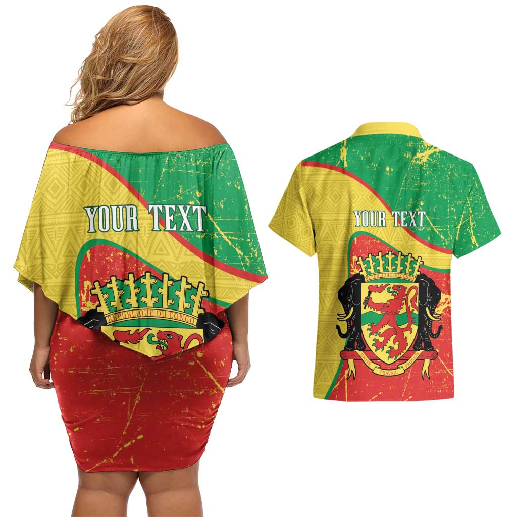 Personalized Congo-Brazzaville Independence Day Couples Matching Off Shoulder Short Dress and Hawaiian Shirt Coat Of Arms Grunge Style - Wonder Print Shop