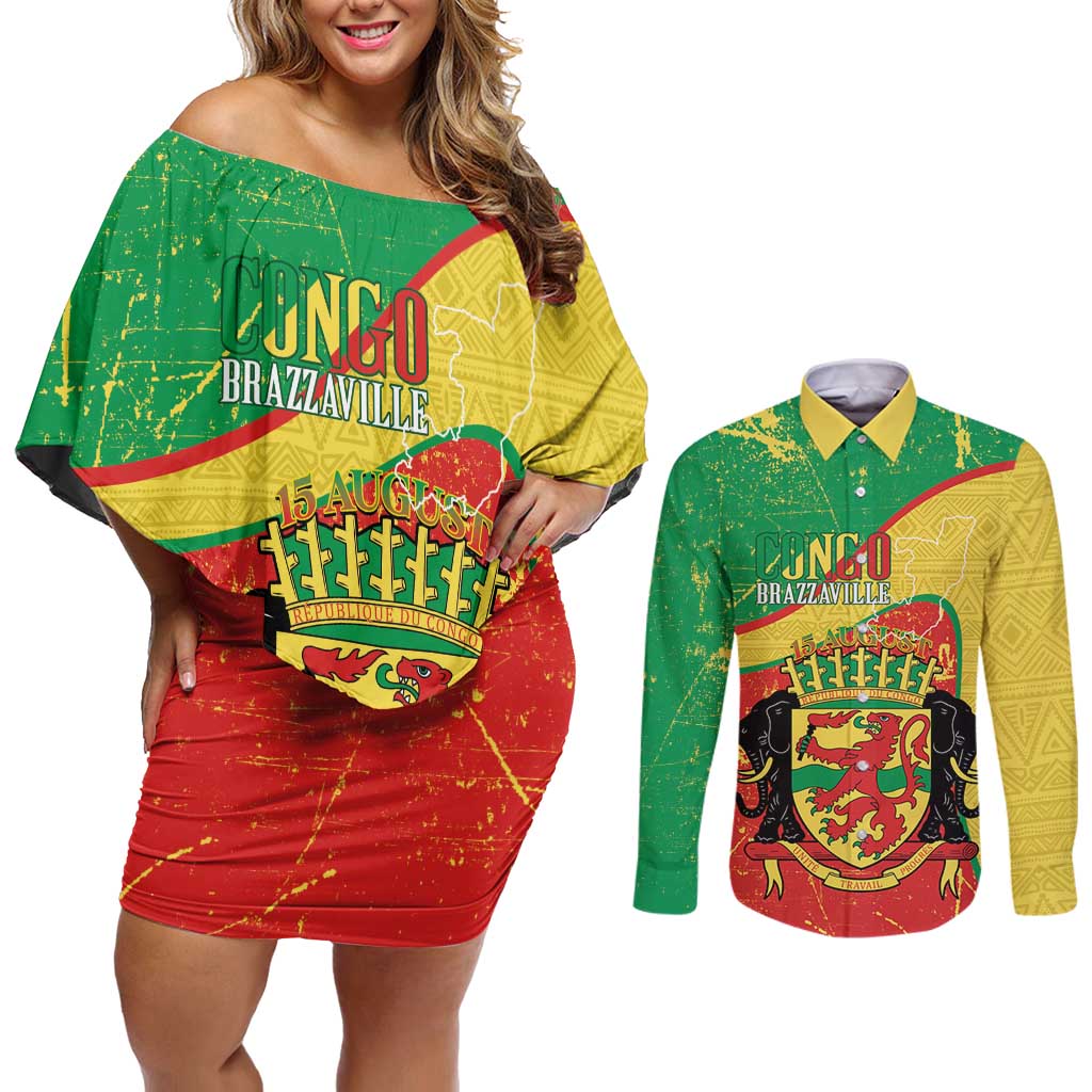 Personalized Congo-Brazzaville Independence Day Couples Matching Off Shoulder Short Dress and Long Sleeve Button Shirt Coat Of Arms Grunge Style - Wonder Print Shop