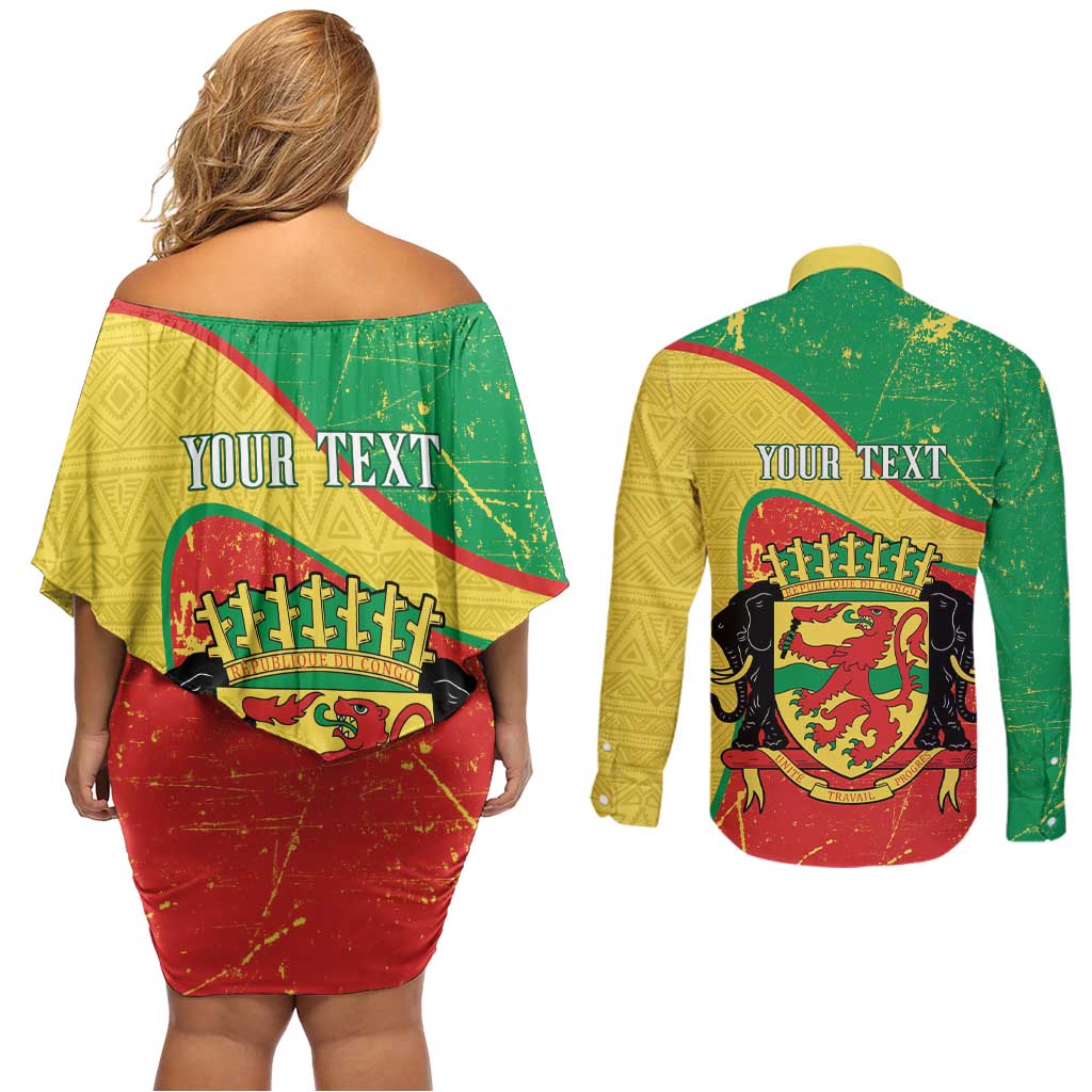 Personalized Congo-Brazzaville Independence Day Couples Matching Off Shoulder Short Dress and Long Sleeve Button Shirt Coat Of Arms Grunge Style - Wonder Print Shop
