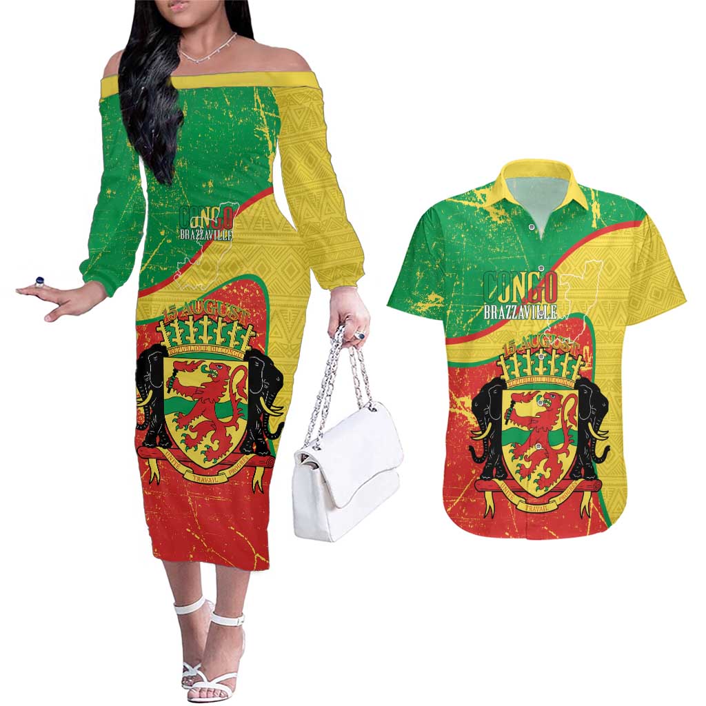 Personalized Congo-Brazzaville Independence Day Couples Matching Off The Shoulder Long Sleeve Dress and Hawaiian Shirt Coat Of Arms Grunge Style - Wonder Print Shop