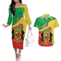 Personalized Congo-Brazzaville Independence Day Couples Matching Off The Shoulder Long Sleeve Dress and Hawaiian Shirt Coat Of Arms Grunge Style - Wonder Print Shop