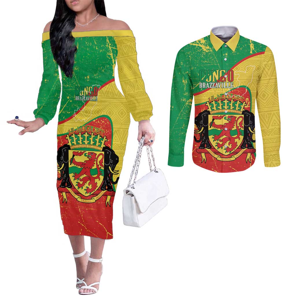 Personalized Congo-Brazzaville Independence Day Couples Matching Off The Shoulder Long Sleeve Dress and Long Sleeve Button Shirt Coat Of Arms Grunge Style - Wonder Print Shop