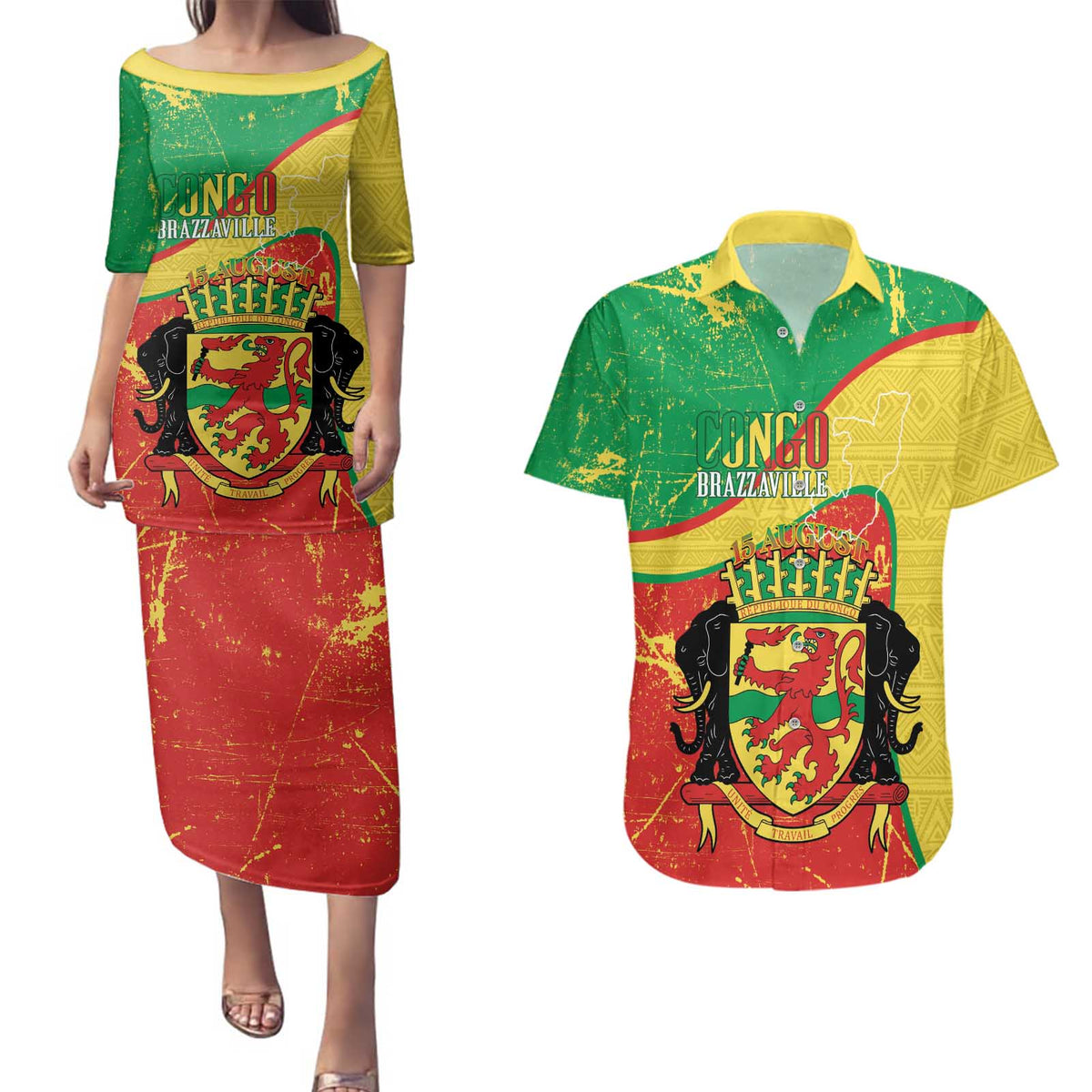Personalized Congo-Brazzaville Independence Day Couples Matching Puletasi and Hawaiian Shirt Coat Of Arms Grunge Style - Wonder Print Shop