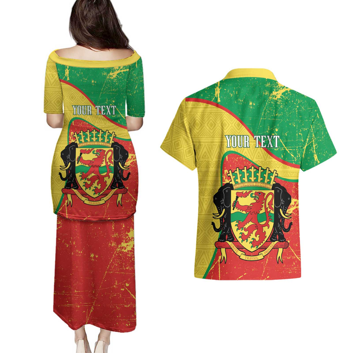 Personalized Congo-Brazzaville Independence Day Couples Matching Puletasi and Hawaiian Shirt Coat Of Arms Grunge Style - Wonder Print Shop