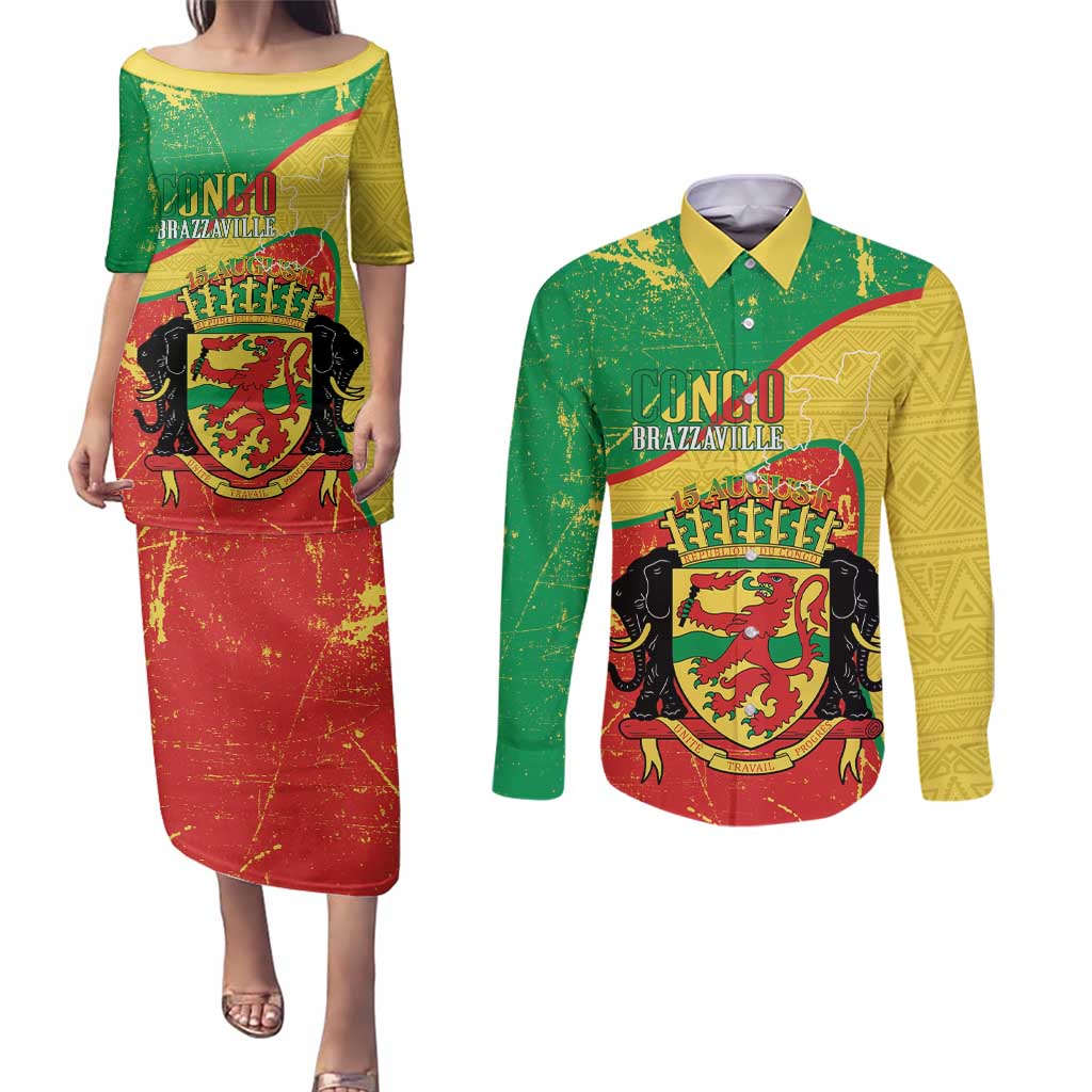 Personalized Congo-Brazzaville Independence Day Couples Matching Puletasi and Long Sleeve Button Shirt Coat Of Arms Grunge Style - Wonder Print Shop