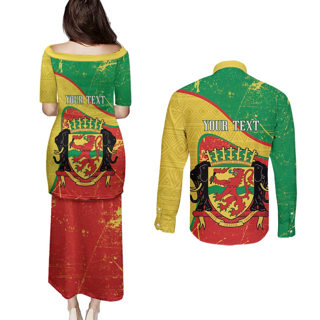Personalized Congo-Brazzaville Independence Day Couples Matching Puletasi and Long Sleeve Button Shirt Coat Of Arms Grunge Style - Wonder Print Shop