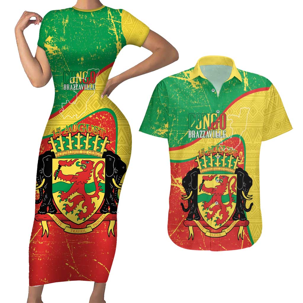 Personalized Congo-Brazzaville Independence Day Couples Matching Short Sleeve Bodycon Dress and Hawaiian Shirt Coat Of Arms Grunge Style - Wonder Print Shop