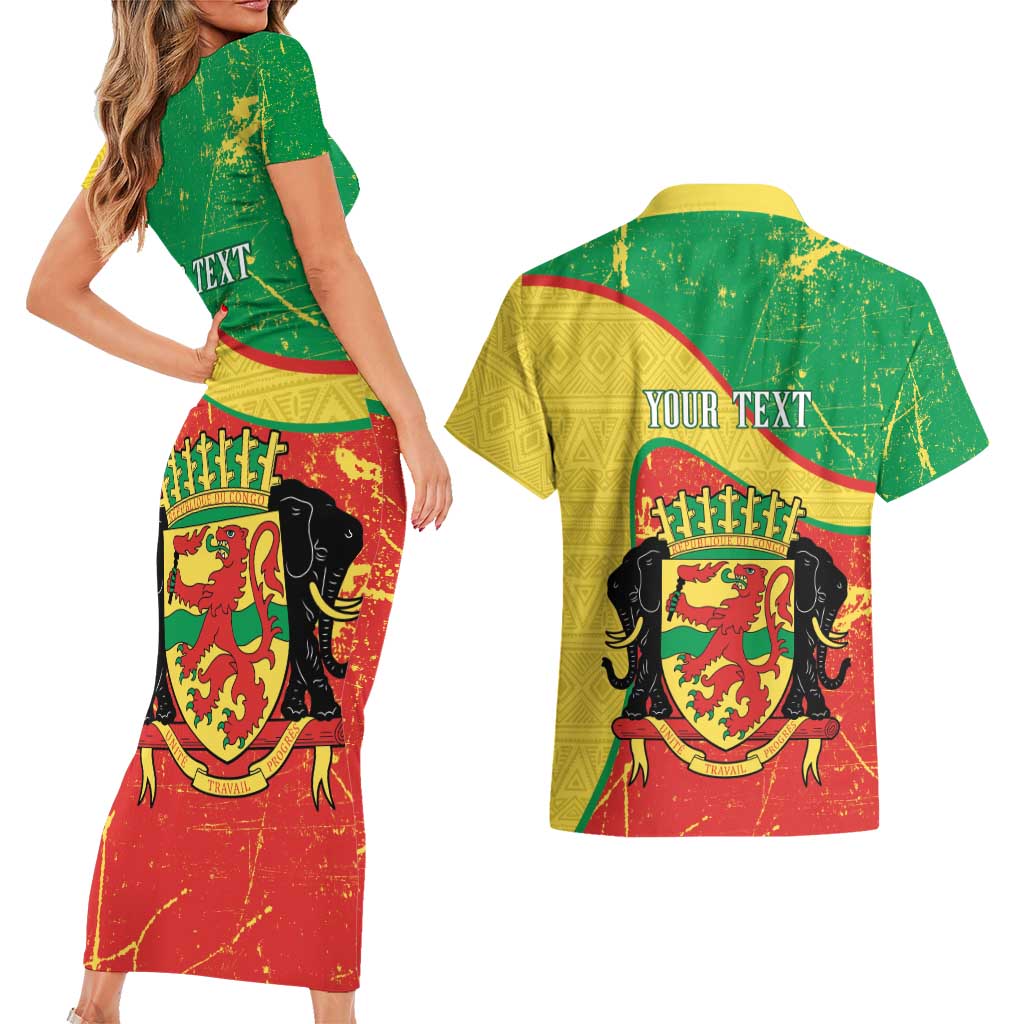 Personalized Congo-Brazzaville Independence Day Couples Matching Short Sleeve Bodycon Dress and Hawaiian Shirt Coat Of Arms Grunge Style - Wonder Print Shop