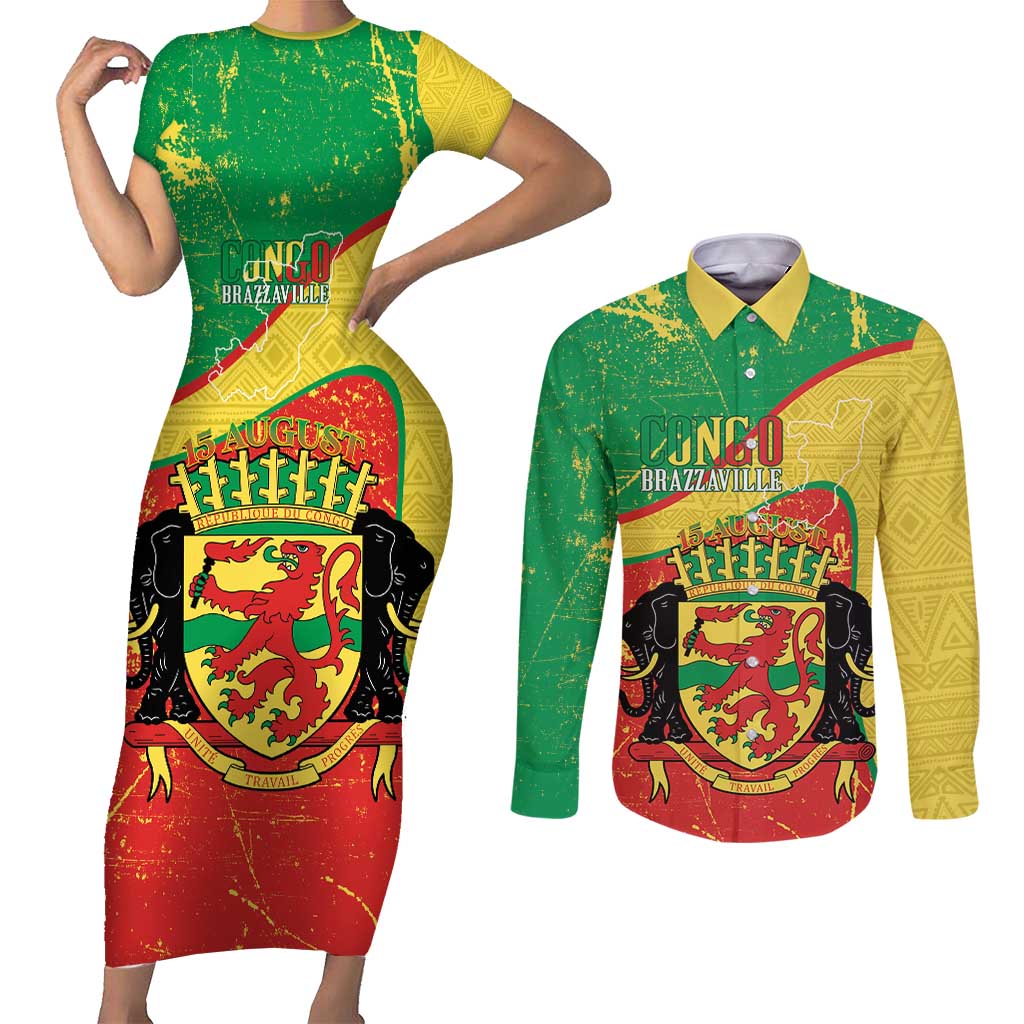 Personalized Congo-Brazzaville Independence Day Couples Matching Short Sleeve Bodycon Dress and Long Sleeve Button Shirt Coat Of Arms Grunge Style - Wonder Print Shop