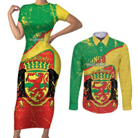 Personalized Congo-Brazzaville Independence Day Couples Matching Short Sleeve Bodycon Dress and Long Sleeve Button Shirt Coat Of Arms Grunge Style - Wonder Print Shop