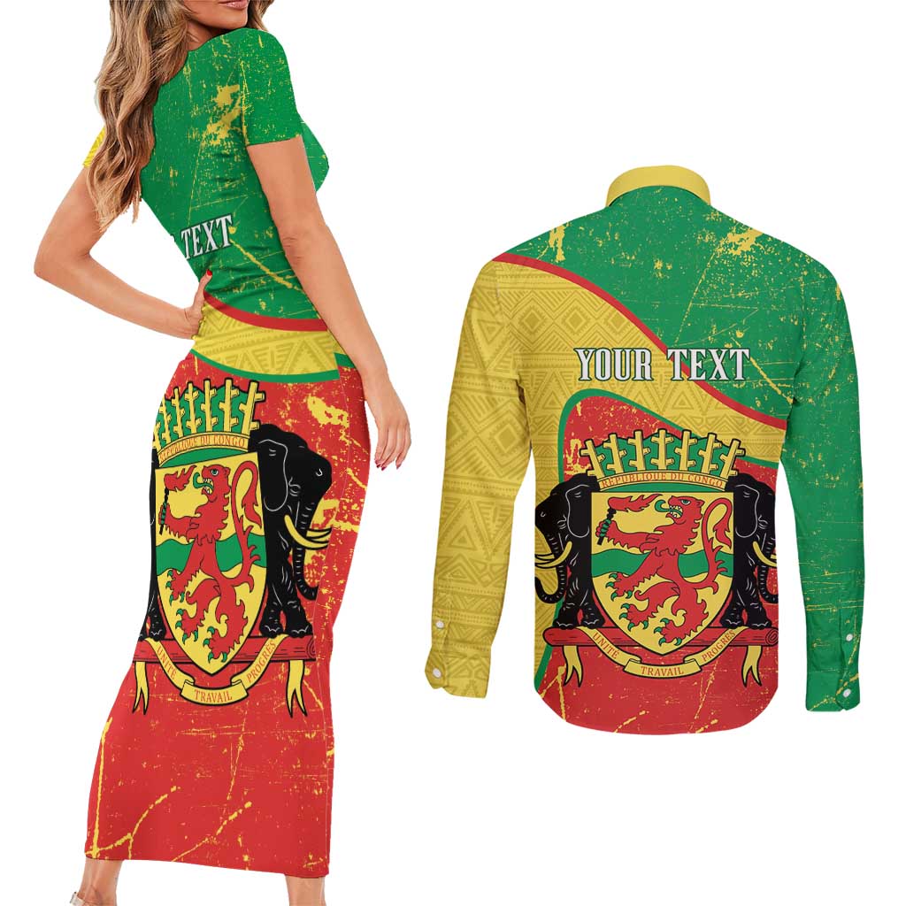 Personalized Congo-Brazzaville Independence Day Couples Matching Short Sleeve Bodycon Dress and Long Sleeve Button Shirt Coat Of Arms Grunge Style - Wonder Print Shop