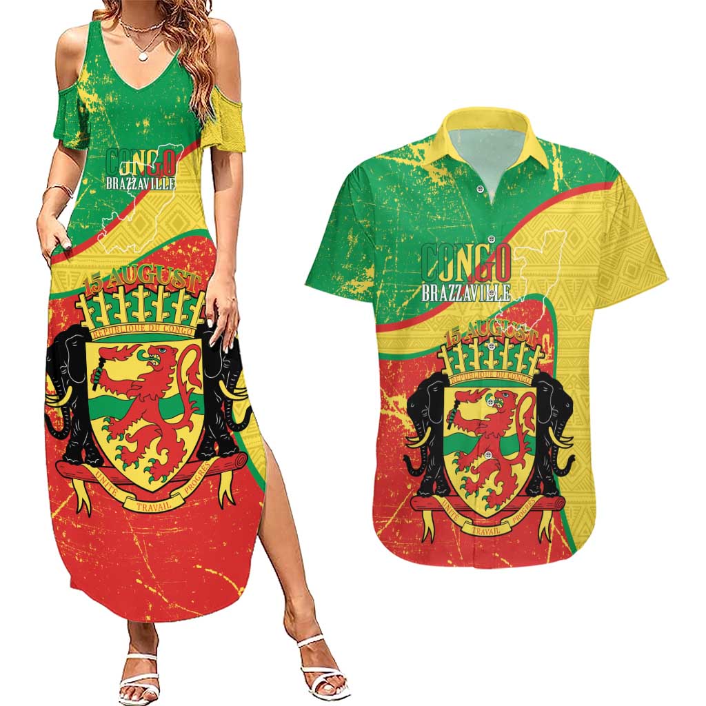 Personalized Congo-Brazzaville Independence Day Couples Matching Summer Maxi Dress and Hawaiian Shirt Coat Of Arms Grunge Style - Wonder Print Shop