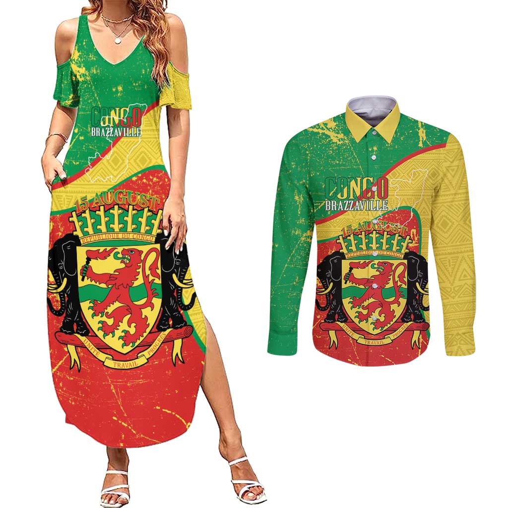 Personalized Congo-Brazzaville Independence Day Couples Matching Summer Maxi Dress and Long Sleeve Button Shirt Coat Of Arms Grunge Style - Wonder Print Shop