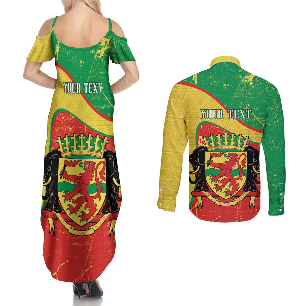 Personalized Congo-Brazzaville Independence Day Couples Matching Summer Maxi Dress and Long Sleeve Button Shirt Coat Of Arms Grunge Style - Wonder Print Shop