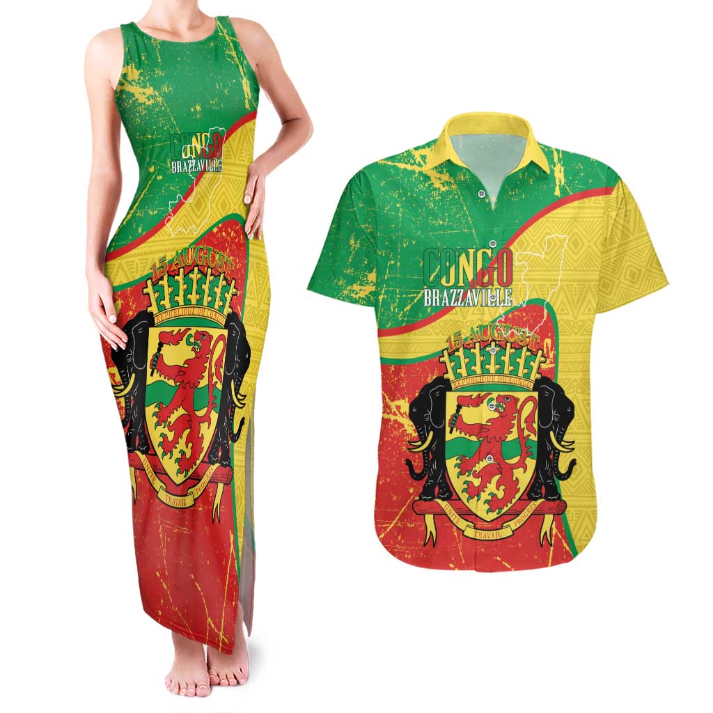 Personalized Congo-Brazzaville Independence Day Couples Matching Tank Maxi Dress and Hawaiian Shirt Coat Of Arms Grunge Style - Wonder Print Shop