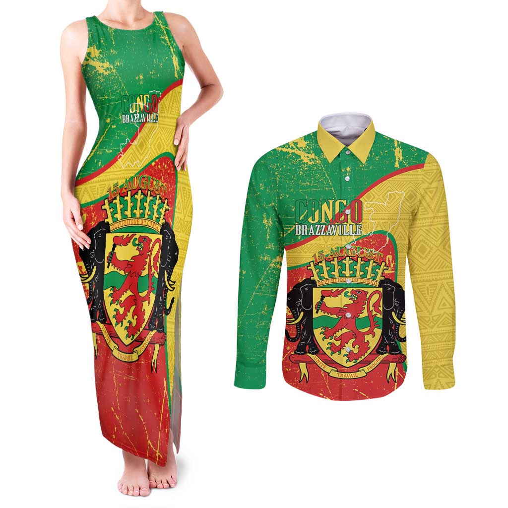 Personalized Congo-Brazzaville Independence Day Couples Matching Tank Maxi Dress and Long Sleeve Button Shirt Coat Of Arms Grunge Style - Wonder Print Shop