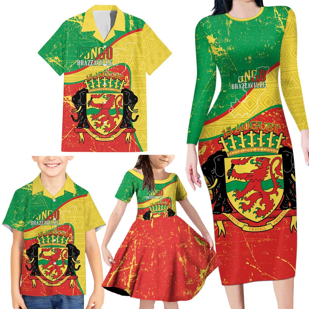 Personalized Congo-Brazzaville Independence Day Family Matching Long Sleeve Bodycon Dress and Hawaiian Shirt Coat Of Arms Grunge Style - Wonder Print Shop