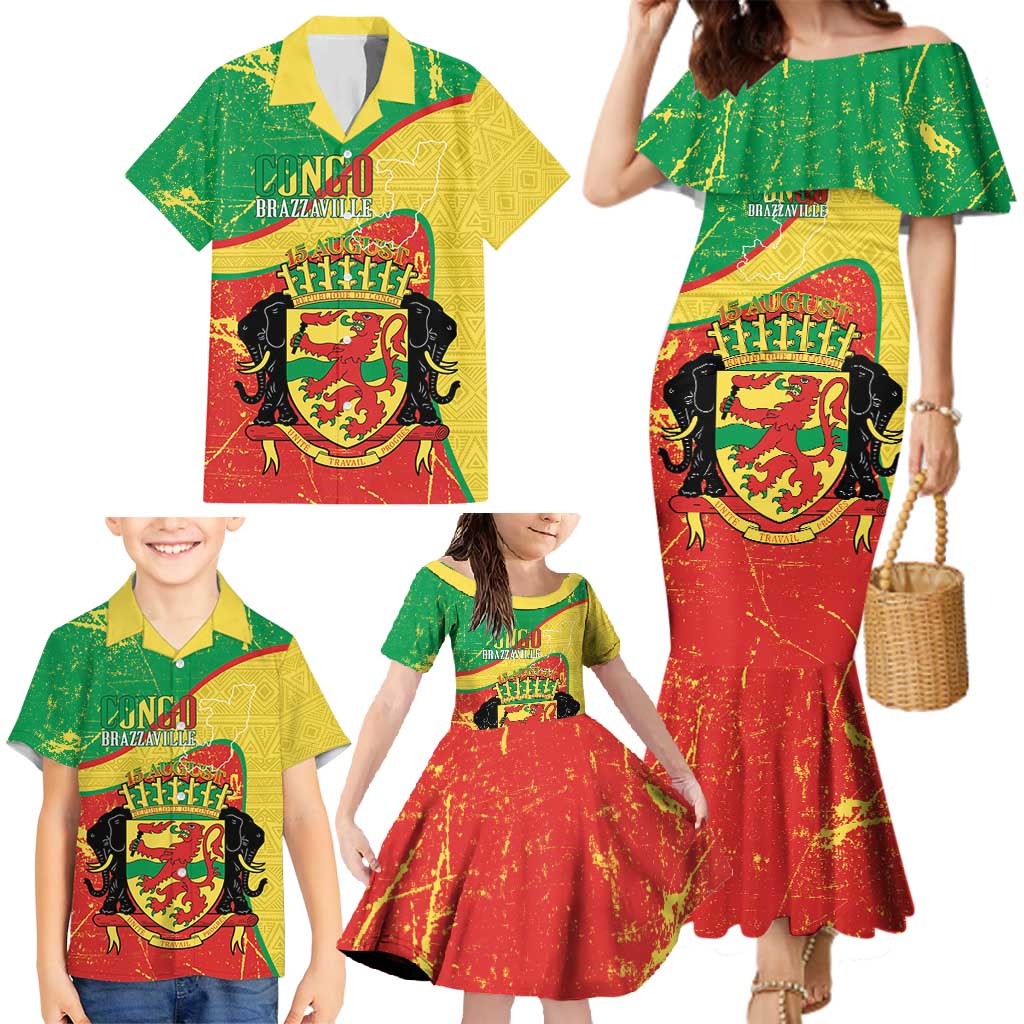 Personalized Congo-Brazzaville Independence Day Family Matching Mermaid Dress and Hawaiian Shirt Coat Of Arms Grunge Style - Wonder Print Shop