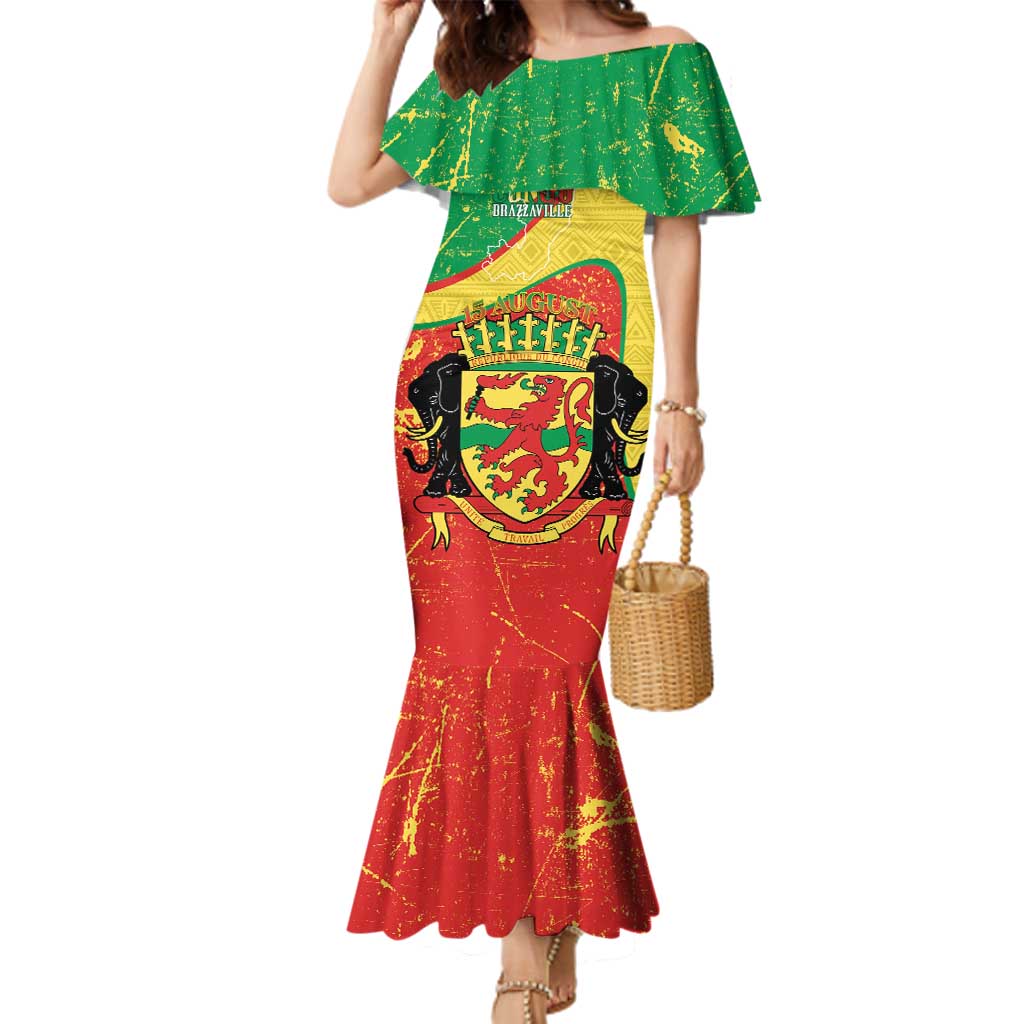 Personalized Congo-Brazzaville Independence Day Family Matching Mermaid Dress and Hawaiian Shirt Coat Of Arms Grunge Style - Wonder Print Shop