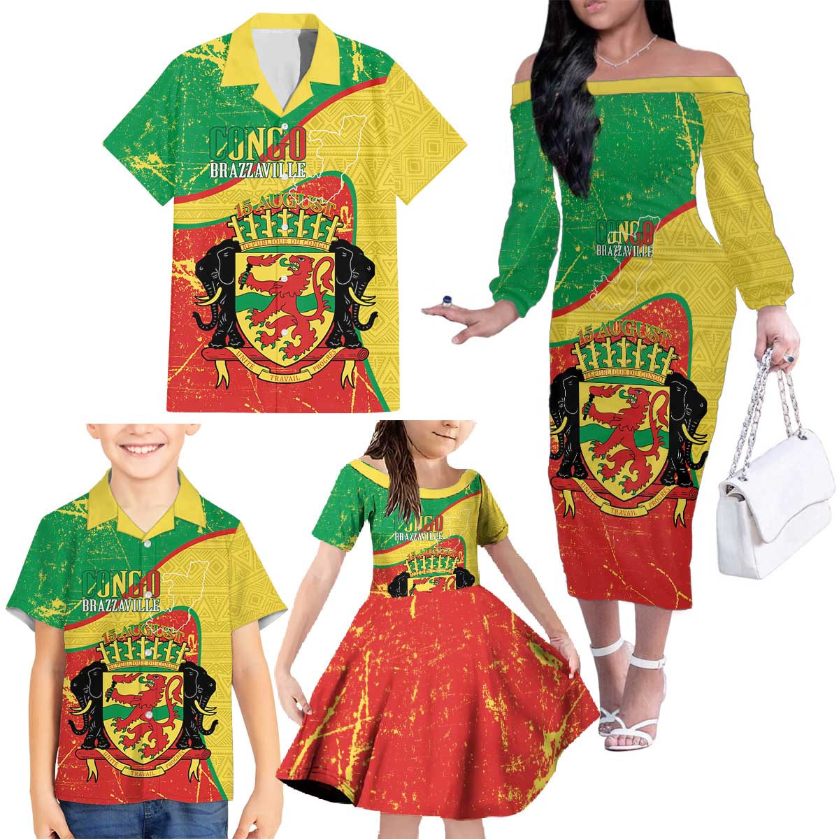 Personalized Congo-Brazzaville Independence Day Family Matching Off The Shoulder Long Sleeve Dress and Hawaiian Shirt Coat Of Arms Grunge Style - Wonder Print Shop