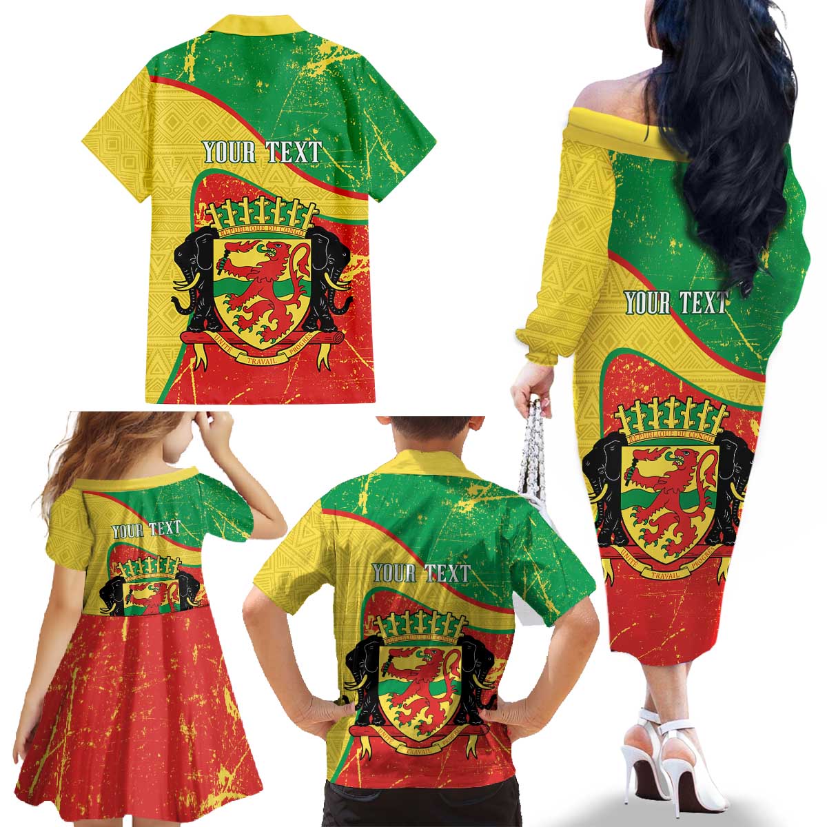Personalized Congo-Brazzaville Independence Day Family Matching Off The Shoulder Long Sleeve Dress and Hawaiian Shirt Coat Of Arms Grunge Style - Wonder Print Shop