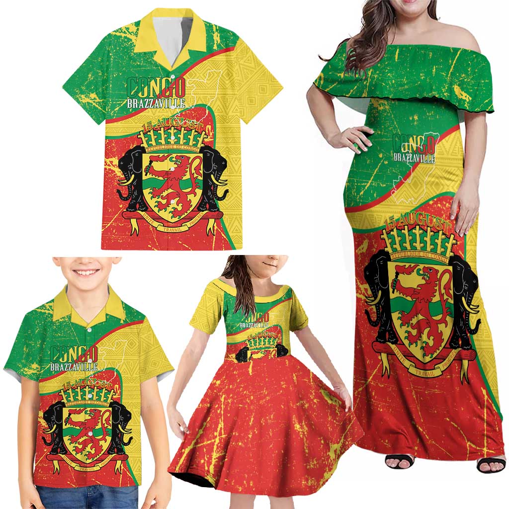 Personalized Congo-Brazzaville Independence Day Family Matching Off Shoulder Maxi Dress and Hawaiian Shirt Coat Of Arms Grunge Style - Wonder Print Shop
