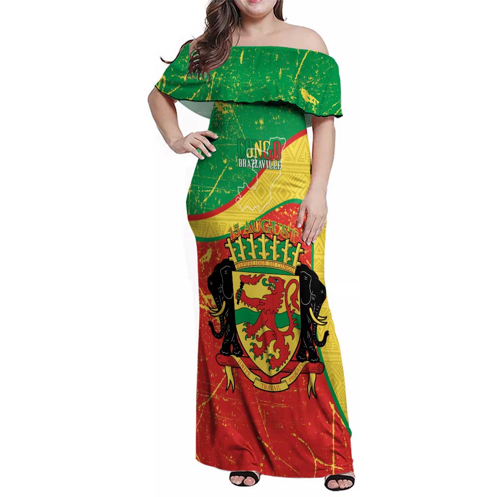 Personalized Congo-Brazzaville Independence Day Family Matching Off Shoulder Maxi Dress and Hawaiian Shirt Coat Of Arms Grunge Style - Wonder Print Shop