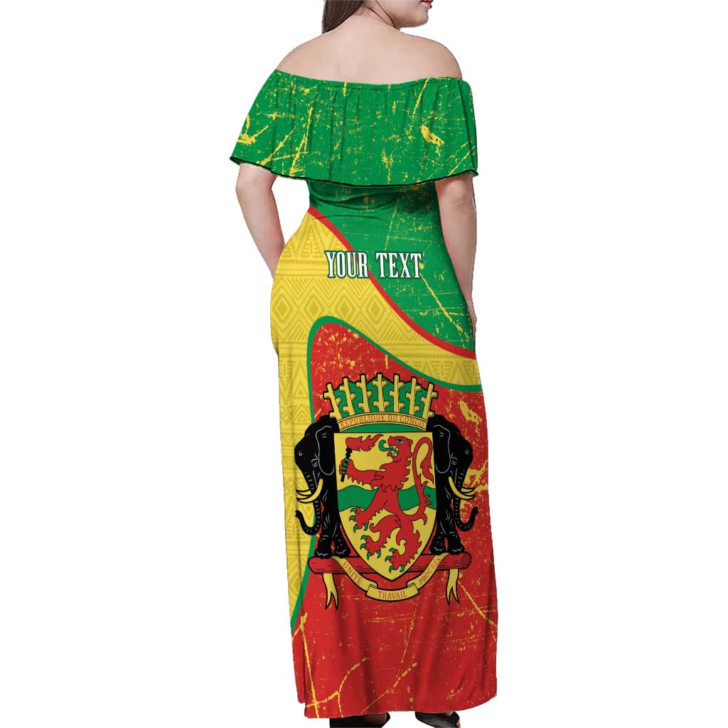 Personalized Congo-Brazzaville Independence Day Family Matching Off Shoulder Maxi Dress and Hawaiian Shirt Coat Of Arms Grunge Style - Wonder Print Shop