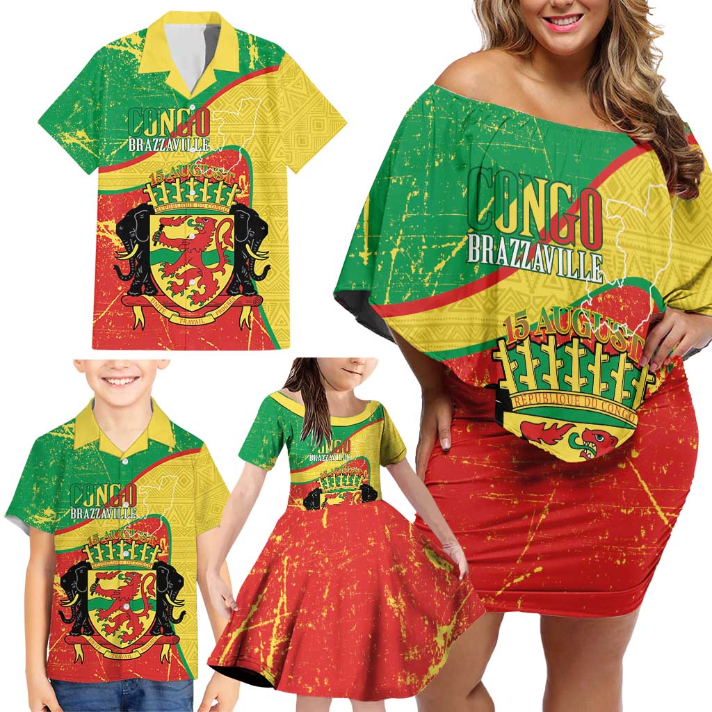 Personalized Congo-Brazzaville Independence Day Family Matching Off Shoulder Short Dress and Hawaiian Shirt Coat Of Arms Grunge Style - Wonder Print Shop