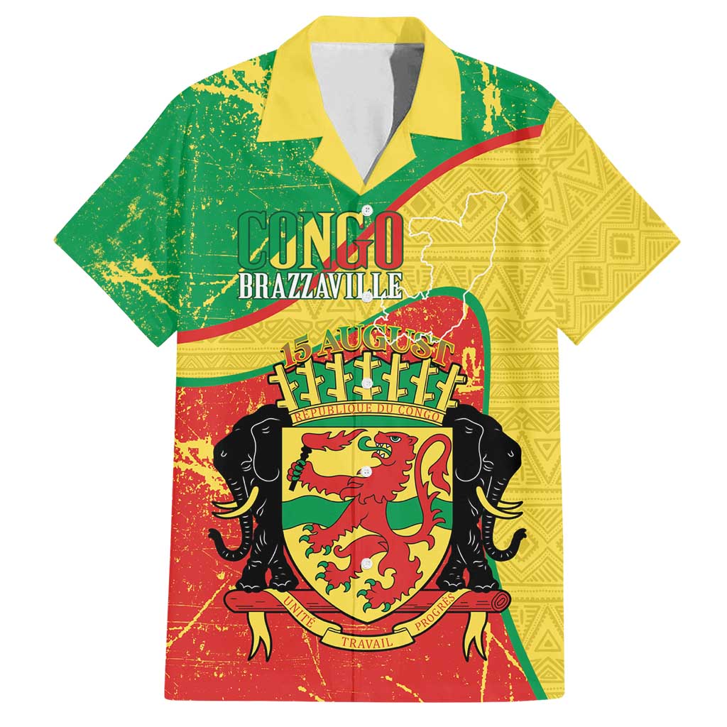 Personalized Congo-Brazzaville Independence Day Family Matching Off Shoulder Short Dress and Hawaiian Shirt Coat Of Arms Grunge Style - Wonder Print Shop