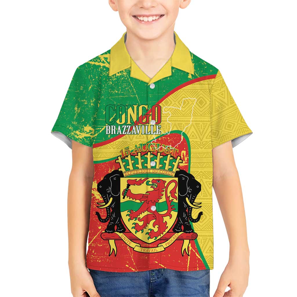 Personalized Congo-Brazzaville Independence Day Family Matching Off Shoulder Short Dress and Hawaiian Shirt Coat Of Arms Grunge Style - Wonder Print Shop