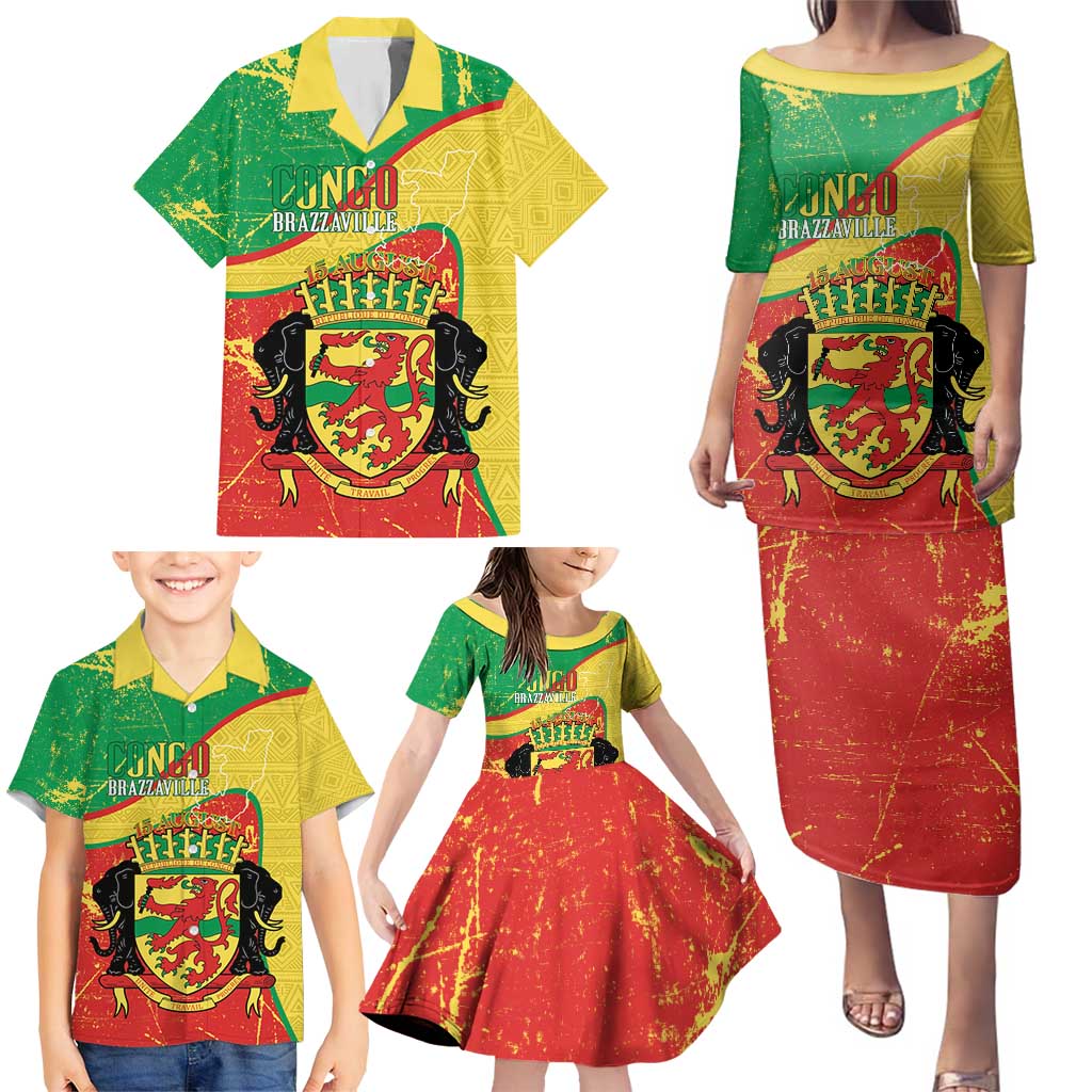 Personalized Congo-Brazzaville Independence Day Family Matching Puletasi and Hawaiian Shirt Coat Of Arms Grunge Style - Wonder Print Shop