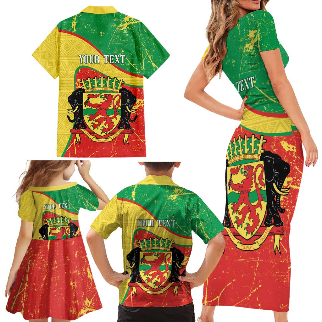 Personalized Congo-Brazzaville Independence Day Family Matching Short Sleeve Bodycon Dress and Hawaiian Shirt Coat Of Arms Grunge Style - Wonder Print Shop