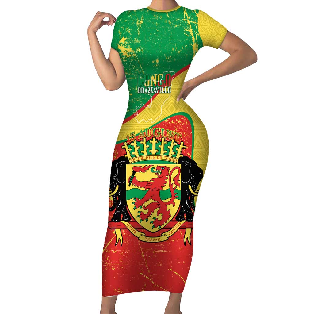 Personalized Congo-Brazzaville Independence Day Family Matching Short Sleeve Bodycon Dress and Hawaiian Shirt Coat Of Arms Grunge Style - Wonder Print Shop